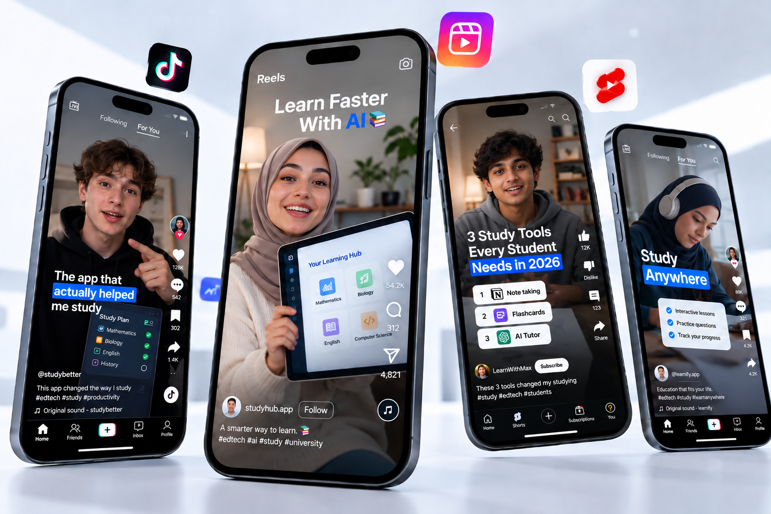 Four smartphones showing education creator content
